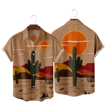 Kaktus Púštnej Krajiny, Vintage Tlač Tričko Fashion Bežné Dovolenku Havajskej Pláži v Lete Vrecku Košele pre Mužov a Ženy