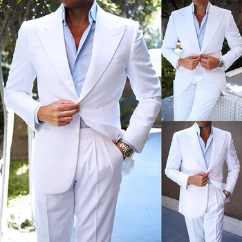 Nový Dizajn Business 2 Ks Muži Obleky 2023 Slim Fit Vrchol Klope Groomsmen Smoking Biela Formálne Svadby Mužský Oblek (Sako+Nohavice)