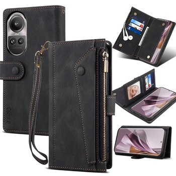 Peňaženky, Kožené puzdro Flip Pre OPPO Reno 10 Pro Reno10 Pro+ Mobilný Telefón Kryt Lano Luxusné Zips Smartphone Android Fundas