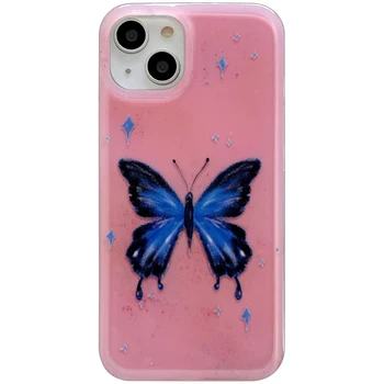 Kórejský IN Pink & Blue Butterfly Dvojitej Vrstvy puzdro pre iPhone 14 Plus 11 12 13 Pro Max Xr Xs Max X Mäkké Zadný Kryt Coque Capa