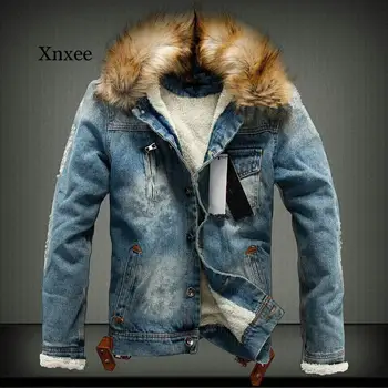 Mens Denim Jacket s Kožušiny Golier Retro Roztrhlo Fleece Jeans Bunda a Kabát na Jeseň Zima S-6Xl