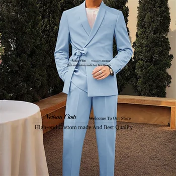Móda Sky Blue Muž Prom Blejzre Šatkou Klope S Pásom Muži Obleky 2 Ks Súpravy Nevesty Svadobné Tuxedos Slim Fit Kostým Homme