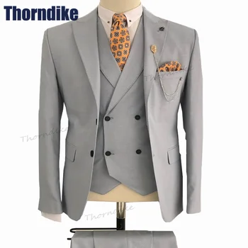 Thorndike Kvalitnú Módu Vrchol Klope Sivá Muži Obleky, Kostýmy Homme Svadby Ženích Smoking Slim Fit 3 Kusy Terno Masculino