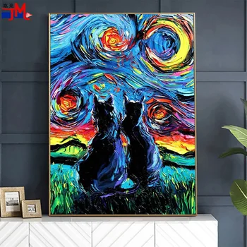 Abstraktná Čierna Mačka Pod Hviezdnou Noc Diamond Maľby Zvierat Watercolour Olejomaľba Výšivky Impresionizmu Mozaiky Perličiek Auta