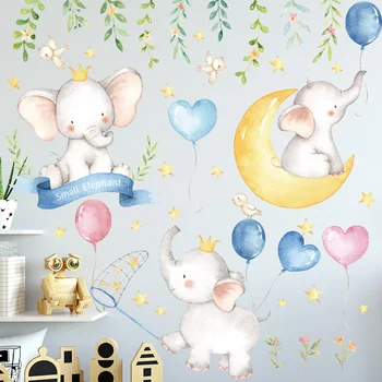 Cartoon Malé Slony Balón Mesiac Samolepky na stenu Maľovať Štýl pre Obývacia Izba, detská Izba Stenu Odtlačkový Baby Škôlky Stenu Decor Darček