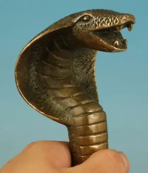 Čínske Staré Bronz Ručne Vyrezávané Cobra Had Socha Trstiny Chôdzi Držať Hlavu