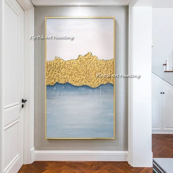 100% Ručne vyrábané Moderné Rodinné Wall Art Obraz Abstrakt Zlatej Fólie Maľovanie Handwork Modrá obývacia Izba Dekor maliarske Plátno
