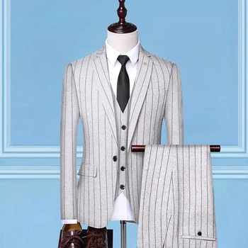 (Bunda + Vesta + Nohavice) Klasické Pruhované Oblečenie pre Mužov Farby Farby Farby Mužov slim-fit Smoking Kabát Formálne Večeru Svadobné Nevesty